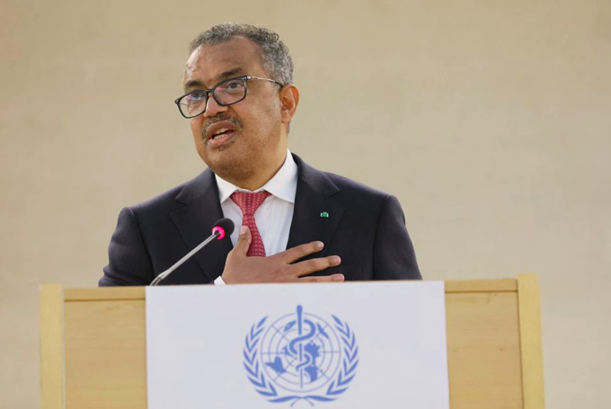 Tiến sĩ Tedros Adhanom Ghebreyesus, giám đốc WHO, phát biểu tại Đại hội đồng Y tế Thế giới ở Geneva, Thụy Sĩ, ngày 24/5. Ảnh: Reuters
