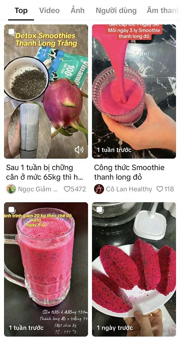Nhiều người dùng TikTok chia sẻ việc uống smoothie thanh long, hạt chia để ép cân. Ảnh chụp màn hình
